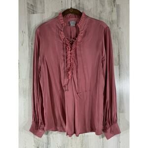 Chicos Blouse Top Size 1 or 8/10 Medium Mauve Pink Ruffle Lace-up Neck‎ Modal